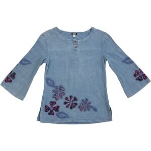 Kashi Women Medium Blue Cotton Floral Patchwork Henley Tunic Top Made in India